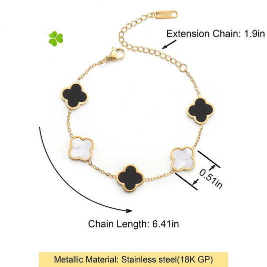 18K Gold-Plated Clover Charm Bracelet – Black & White Floral Design