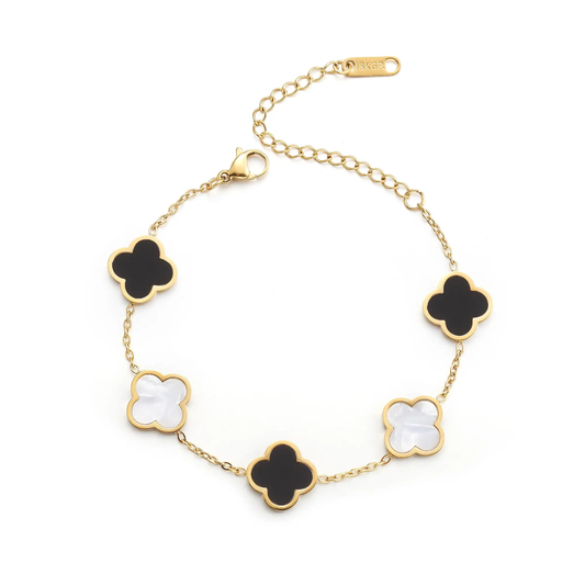 18K Gold-Plated Clover Charm Bracelet – Black & White Floral Design