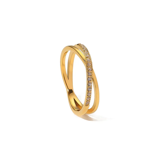 Elegant Criss-Cross Gold Plated Finger Ring with CZ Stones