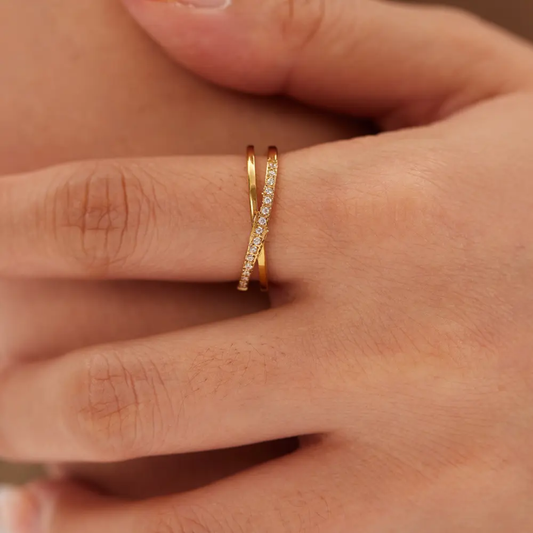Elegant Criss-Cross Gold Plated Finger Ring with CZ Stones