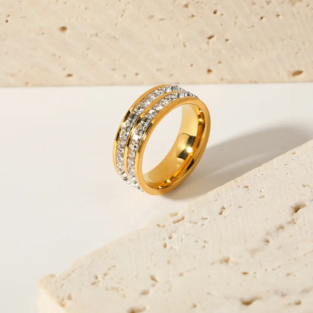 Double Row Crystal Gold Plated Finger Ring