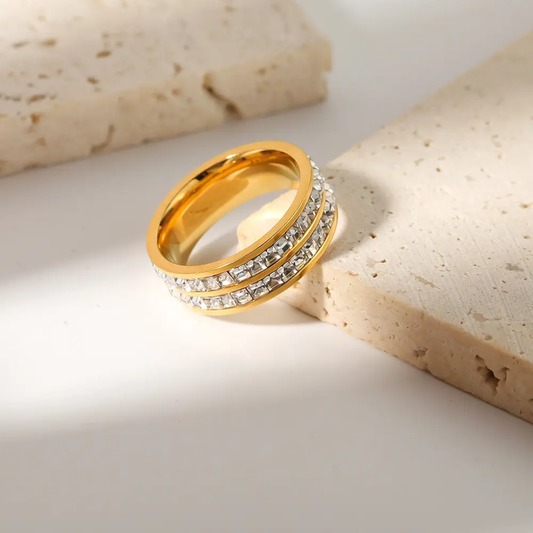 Double Row Crystal Gold Plated Finger Ring