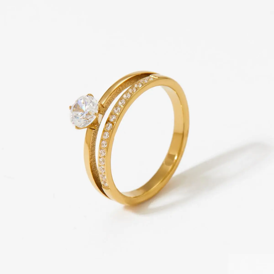 Elegant Double-Band Gold Plated Finger Ring with Sparkling Stones