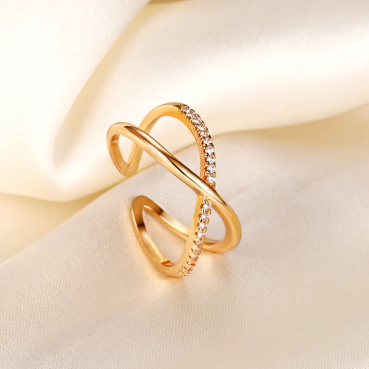 Stylish Crisscross Gold Plated Finger Ring with Sparkling Accents