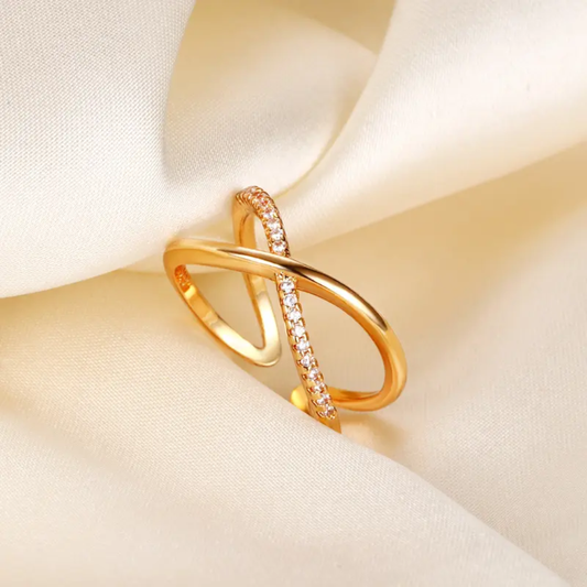 Stylish Crisscross Gold Plated Finger Ring with Sparkling Accents