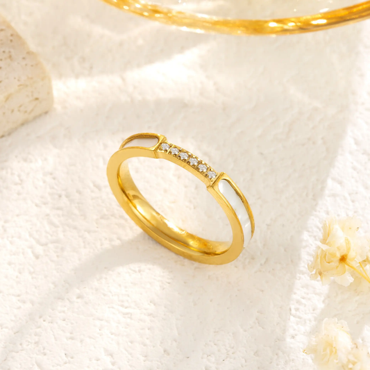 Elegant Gold Plated Band with White Enamel and Crystal Accents