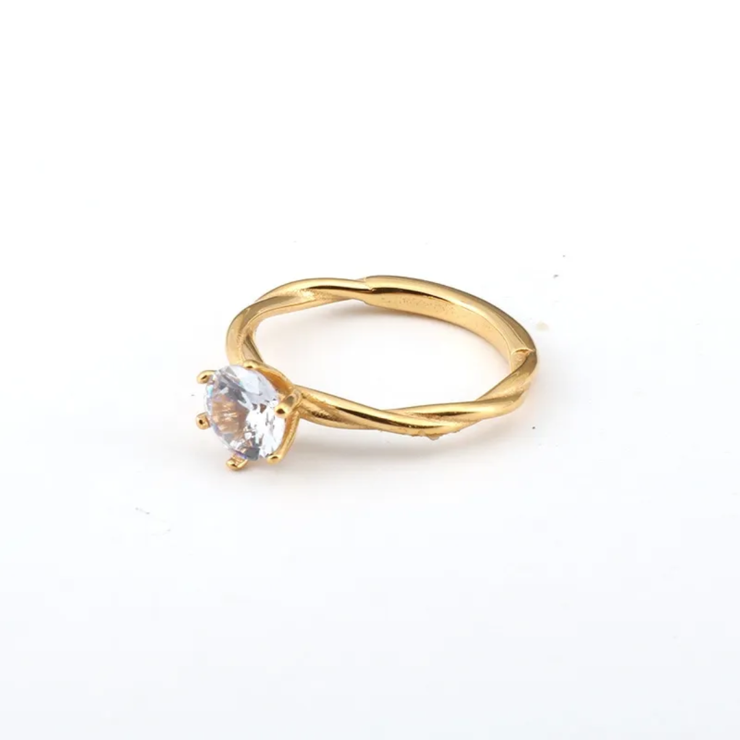 Twisted Gold Plated Band Ring with Brilliant Solitaire Stone