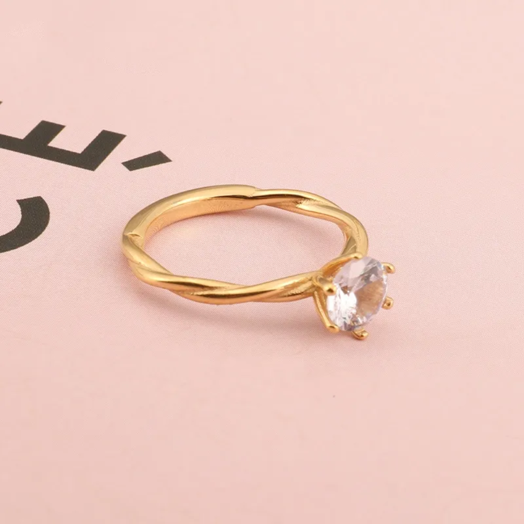 Twisted Gold Plated Band Ring with Brilliant Solitaire Stone