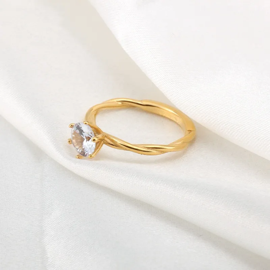 Twisted Gold Plated Band Ring with Brilliant Solitaire Stone