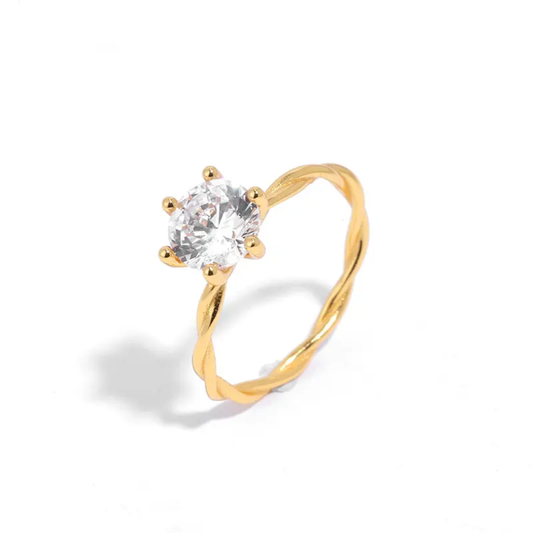 Twisted Gold Plated Band Ring with Brilliant Solitaire Stone