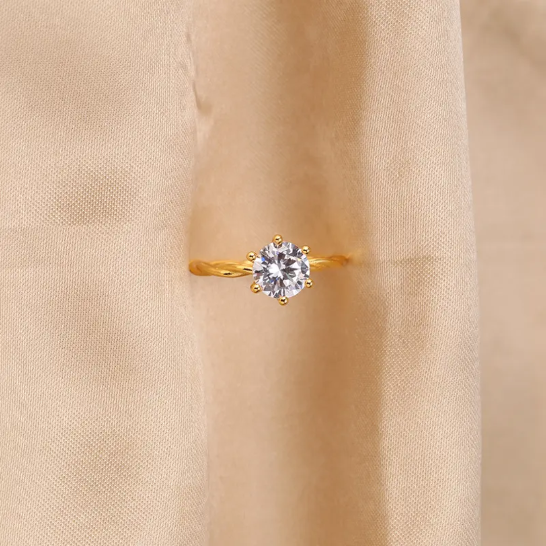 Twisted Gold Plated Band Ring with Brilliant Solitaire Stone