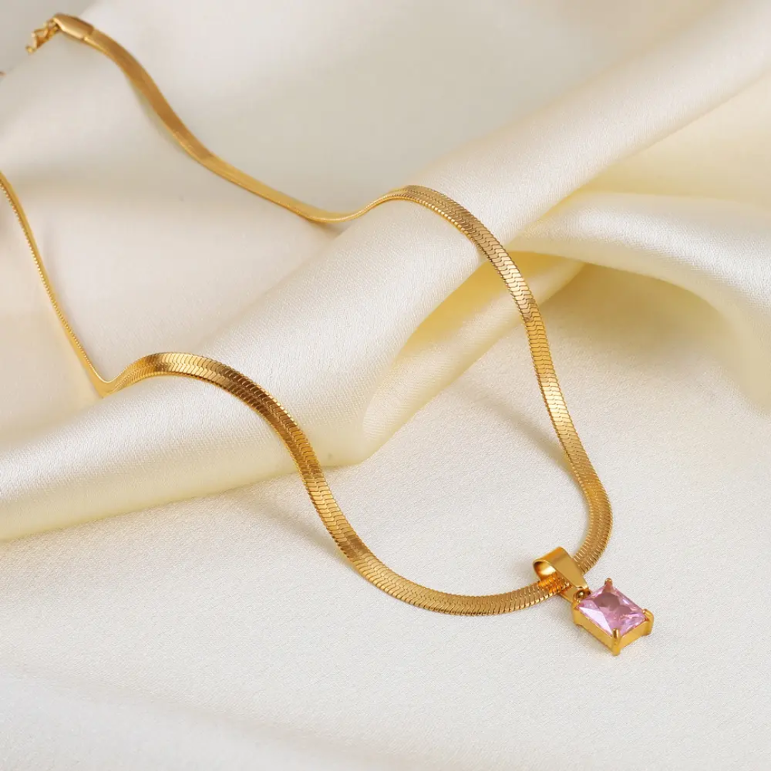 Pink Gemstone Gold Plated Snake Chain Necklace – Anti-Tarnish Finish