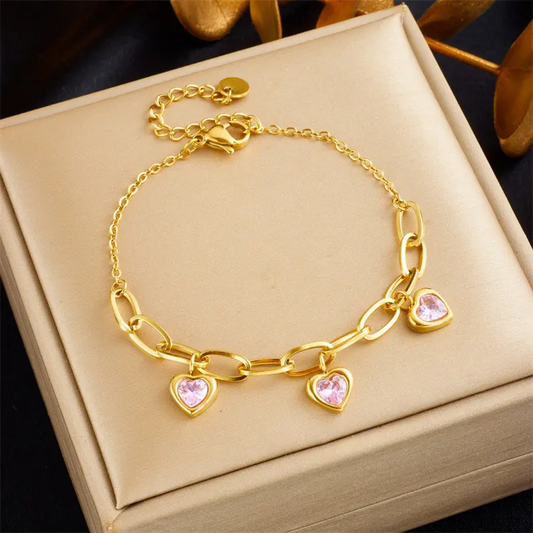 Gold Plated Heart Charm Link Bracelet with Pink Stones (Anti-Tarnish)