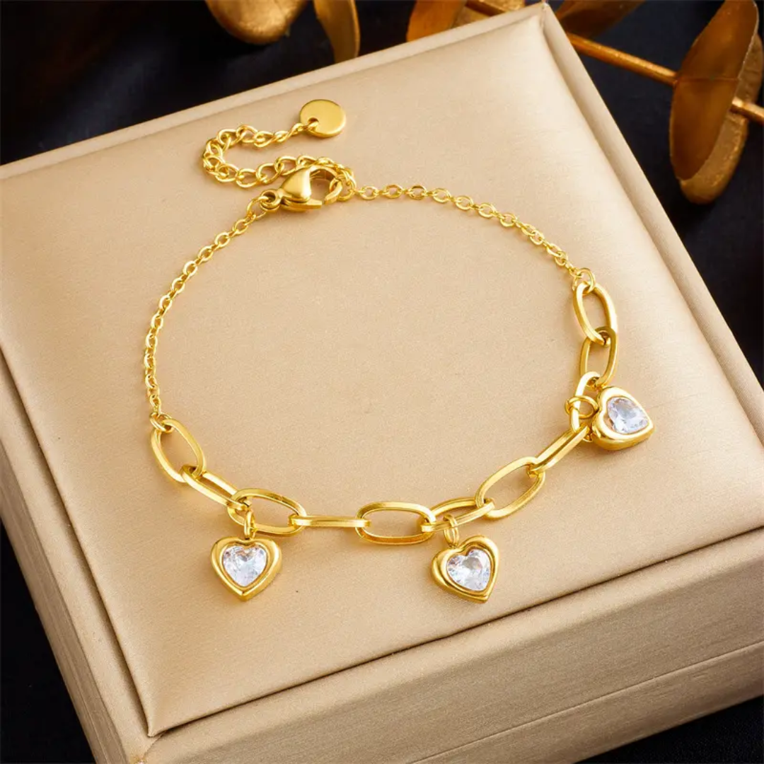 Gold Plated Heart Charm Link Bracelet with Clear Stones (Anti-Tarnish)