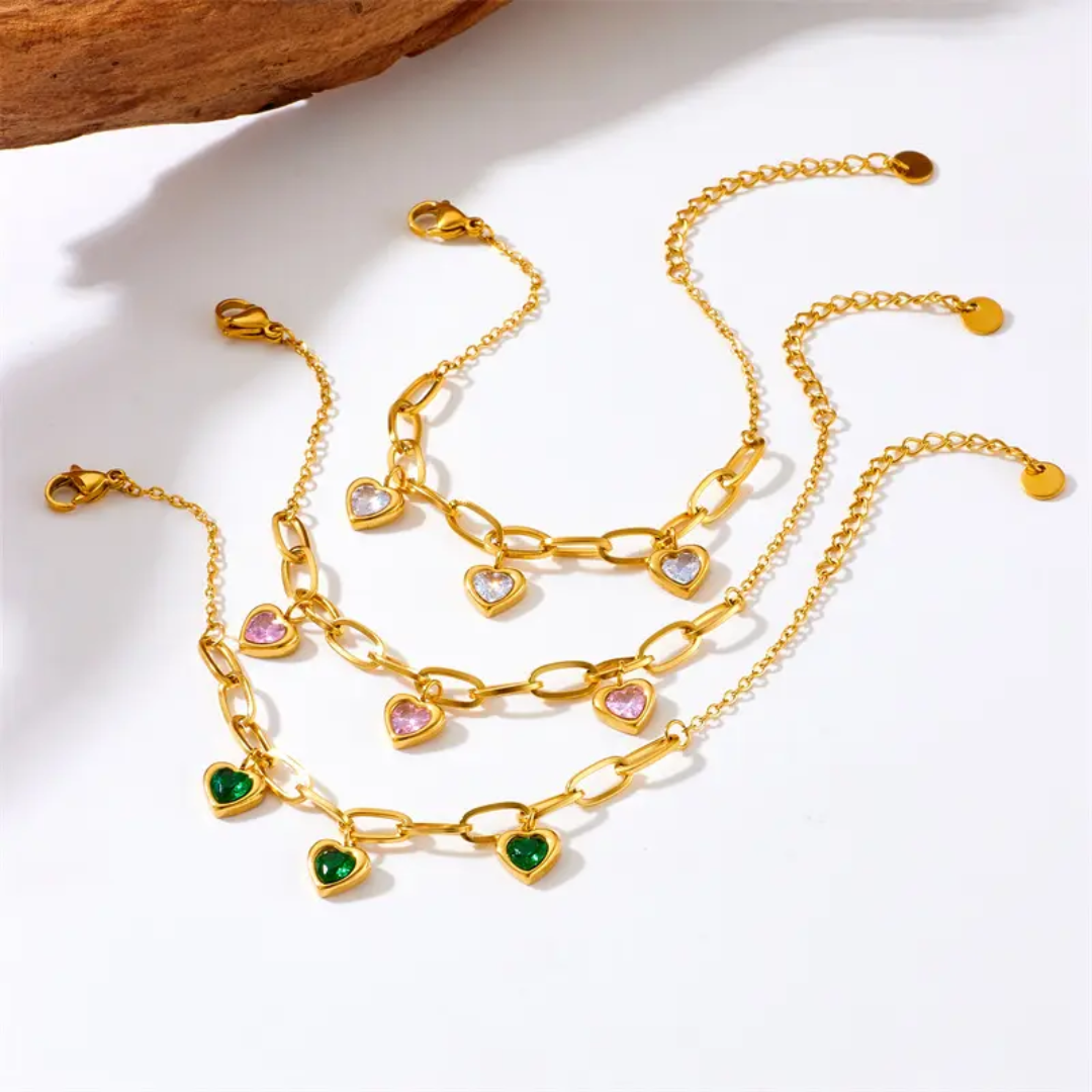 Gold Plated Heart Charm Link Bracelet with Pink Stones (Anti-Tarnish)