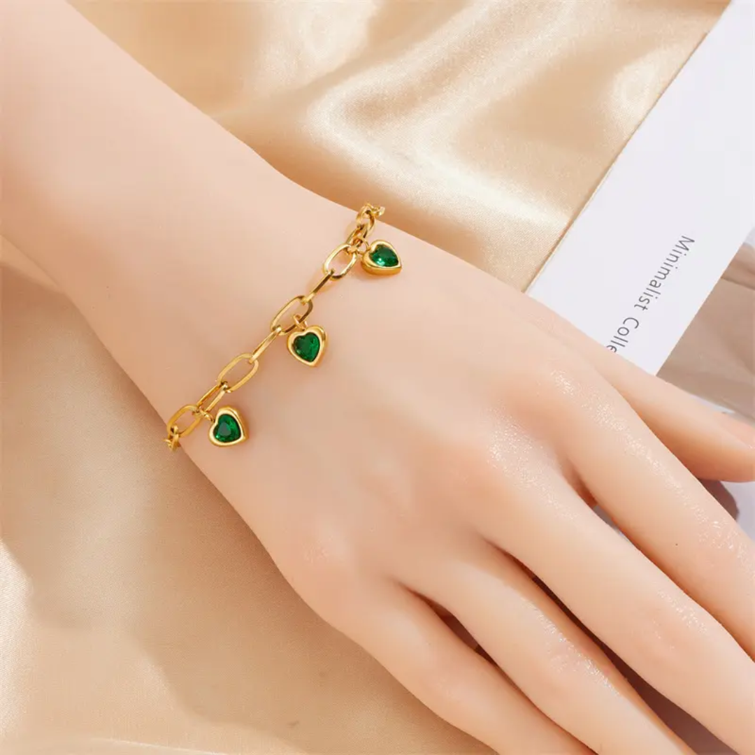 Gold Plated Heart Charm Link Bracelet with Green Stones (Anti-Tarnish)