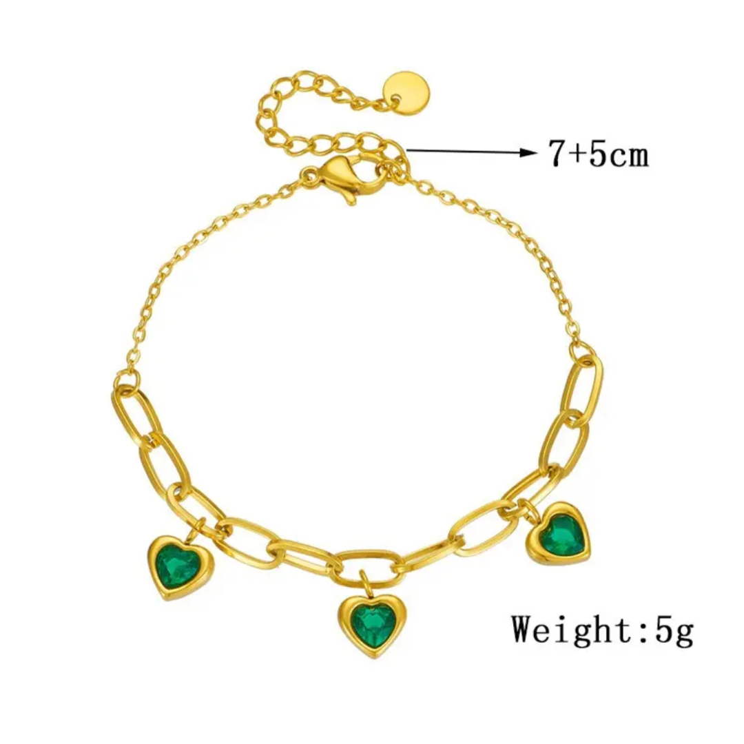 Gold Plated Heart Charm Link Bracelet with Green Stones (Anti-Tarnish)