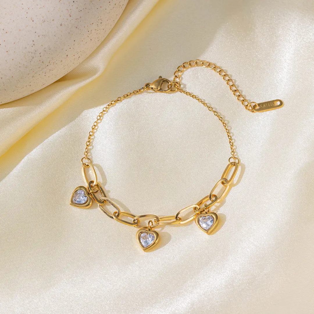 Gold Plated Heart Charm Link Bracelet with Clear Stones (Anti-Tarnish)