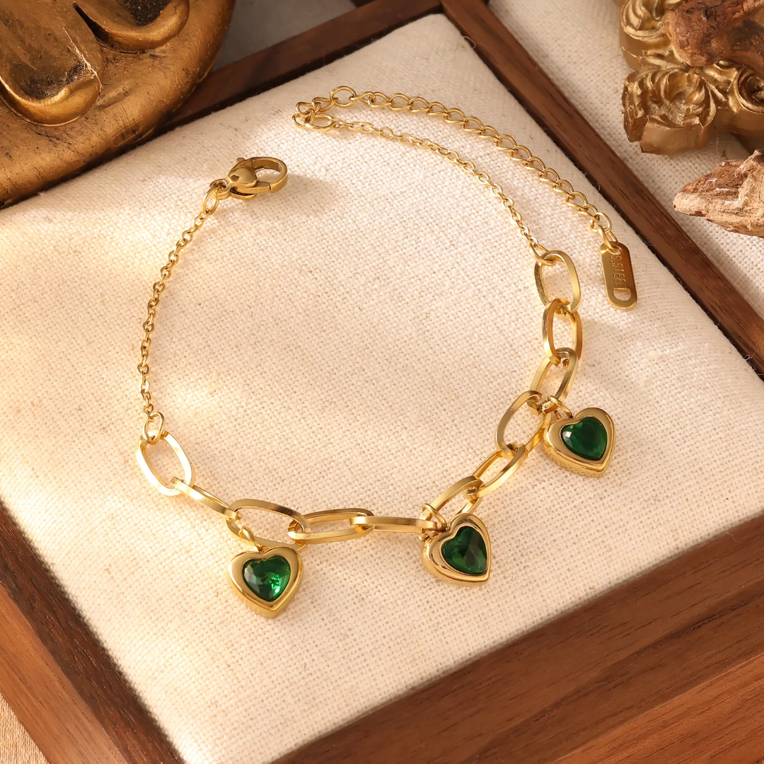 Gold Plated Heart Charm Link Bracelet with Green Stones (Anti-Tarnish)