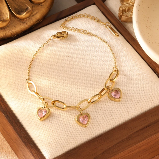 Gold Plated Heart Charm Link Bracelet with Pink Stones (Anti-Tarnish)