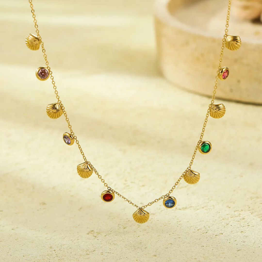 Gold Plated Chain with Shells & multicolor Stones – Anti-Tarnish Necklace