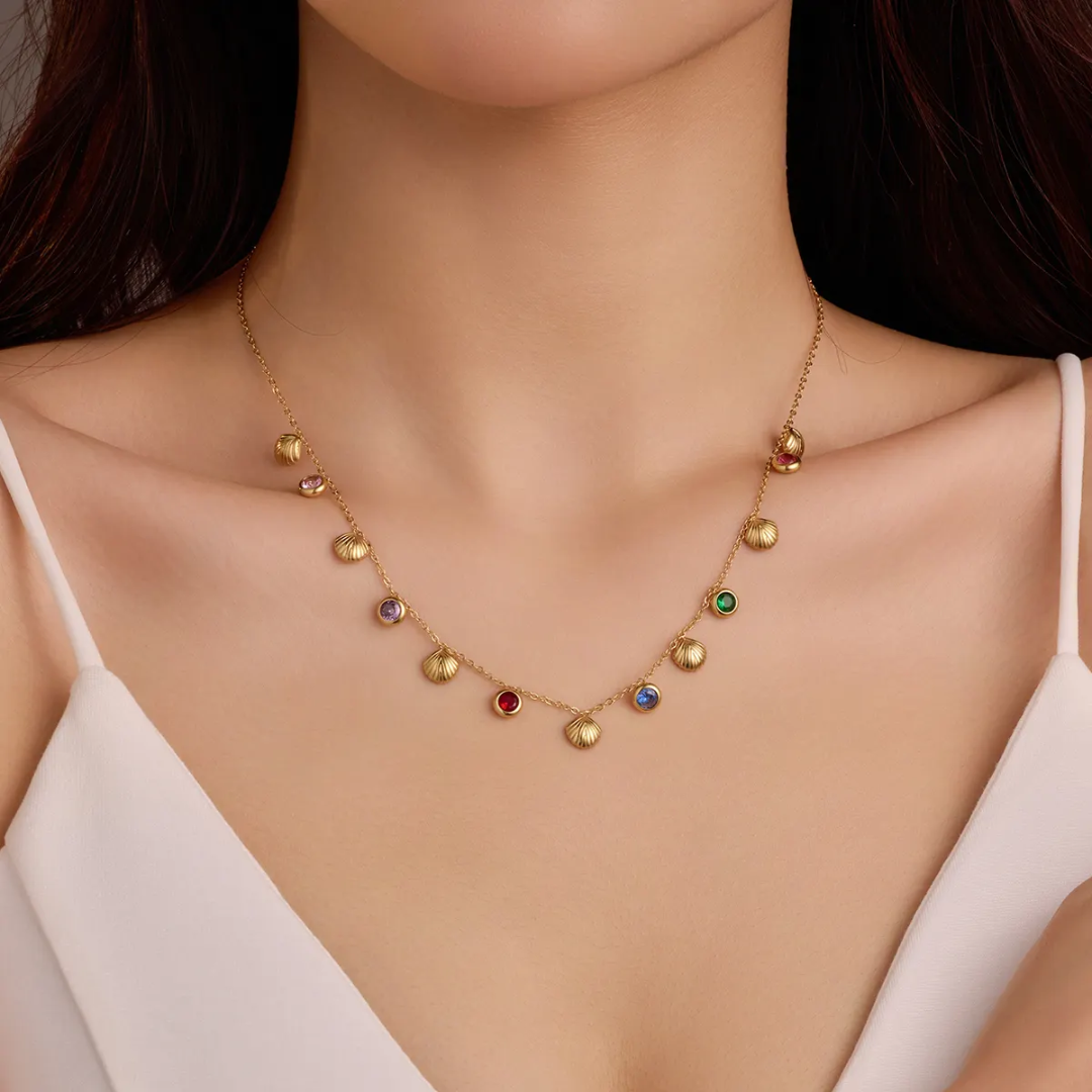 Gold Plated Chain with Shells & multicolor Stones – Anti-Tarnish Necklace