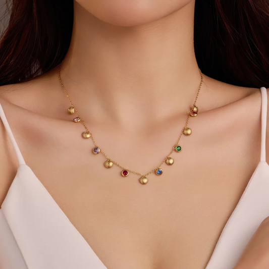 Gold Plated Chain with Shells & multicolor Stones – Anti-Tarnish Necklace