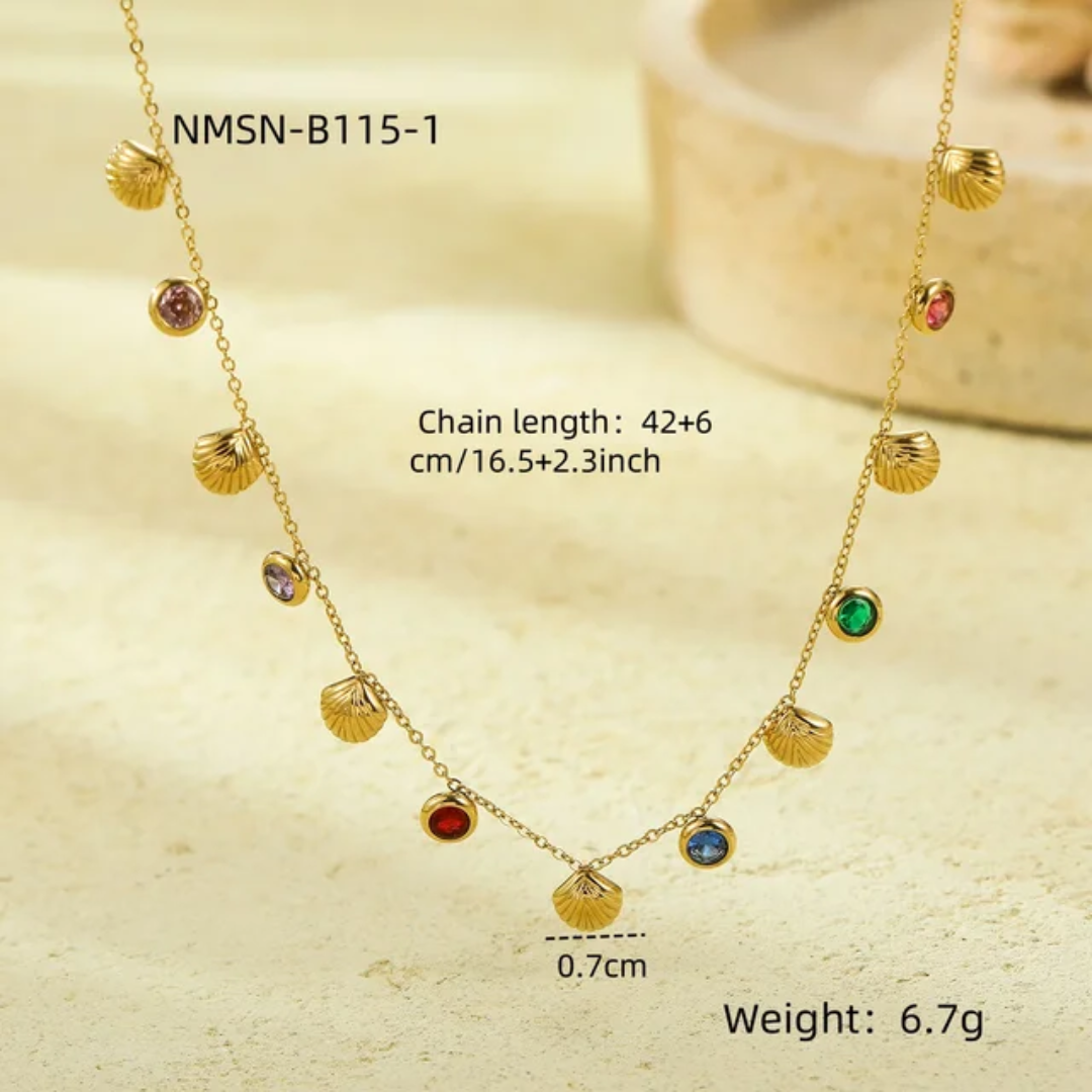 Gold Plated Chain with Shells & multicolor Stones – Anti-Tarnish Necklace