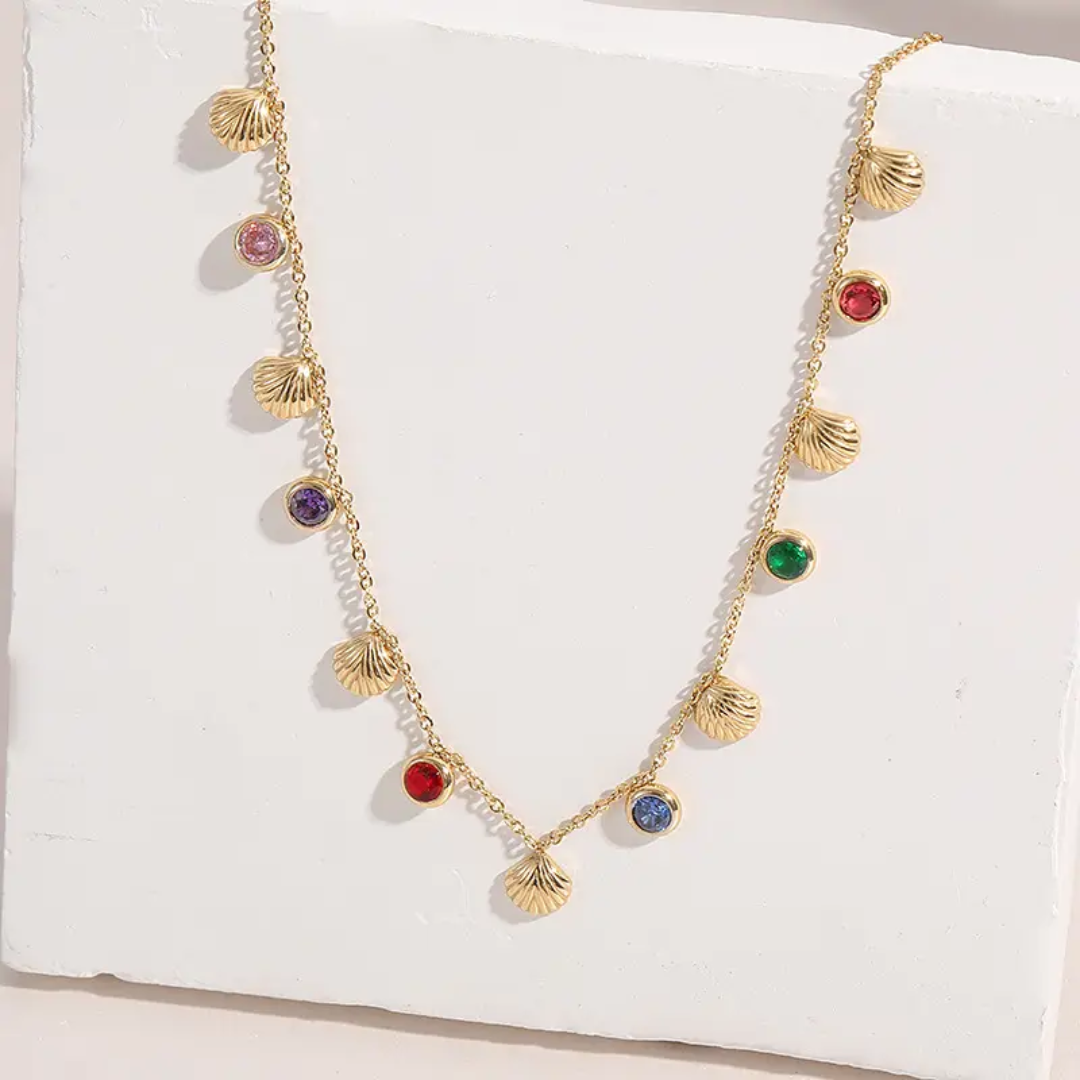 Gold Plated Chain with Shells & multicolor Stones – Anti-Tarnish Necklace