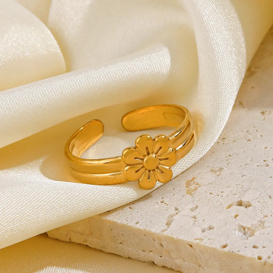 Gold Plated Flower Adjustable Finger Ring – Anti-Tarnish Finish