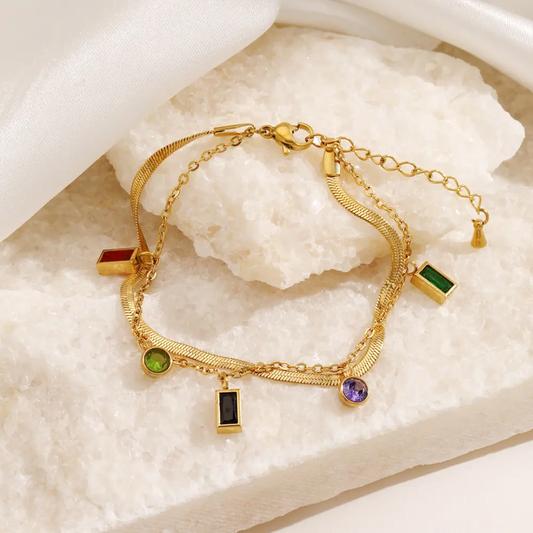 Gold Plated Charm Bracelet with Multicolor Gemstones – Anti-Tarnish