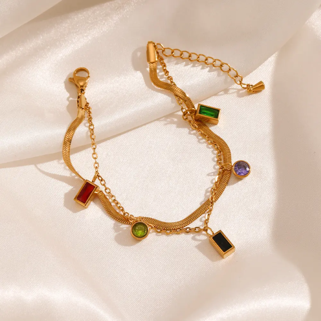 Gold Plated Charm Bracelet with Multicolor Gemstones – Anti-Tarnish