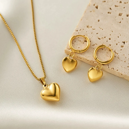 Gold-Plated Heart Pendant Necklace & Earring Set – Anti-Tarnish