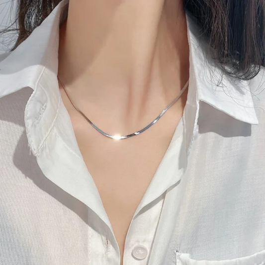 Silver-Plated Flat Snake Chain Necklace – Anti-Tarnish Finish