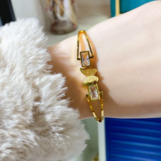 Butterfly Charm Gold Plated Anti-Tarnish Bracelet with Stones