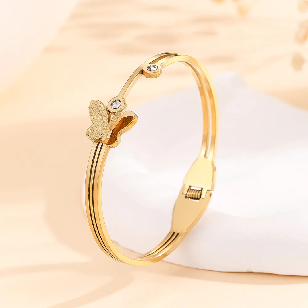 Gold Butterfly Crystal Accent Anti-Tarnish Kada / Bracelet