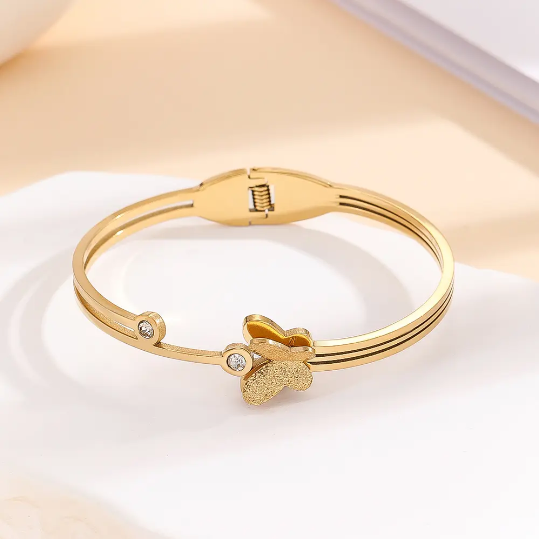 Gold Butterfly Crystal Accent Anti-Tarnish Kada / Bracelet