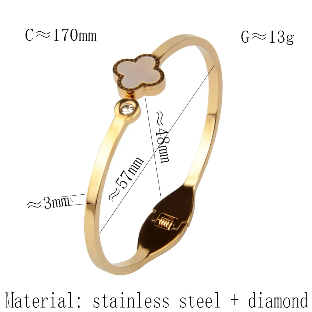 Single Clover White Enamel Gold Plated Anti-Tarnish Bracelet (Size 2.6, 2.8 & Regular)