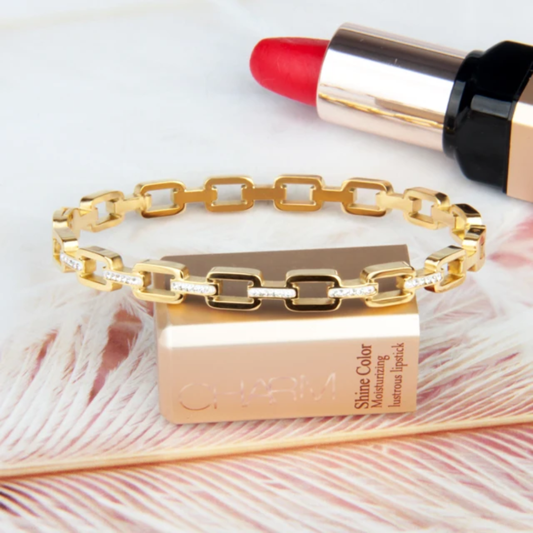 Gold Plated Anti-Tarnish Link Design Kada with Stone Detailing (Size 2.6 & 2.8)