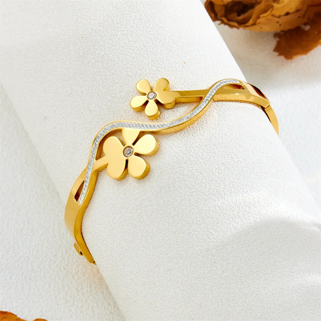 Gold Plated Anti-Tarnish Floral Kada with Stone Accents (Size 2.6 & 2.8)