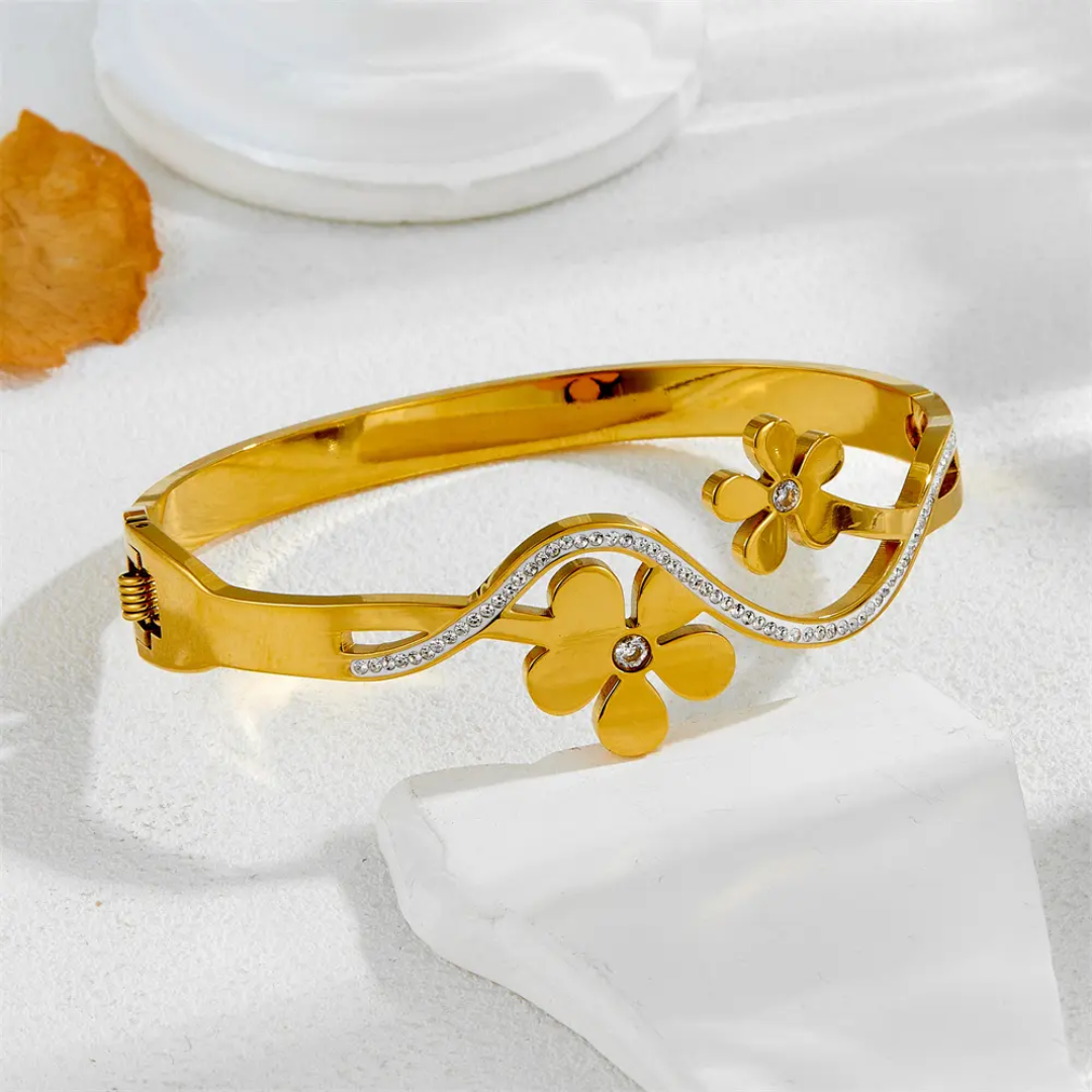 Gold Plated Anti-Tarnish Floral Kada with Stone Accents (Size 2.6 & 2.8)
