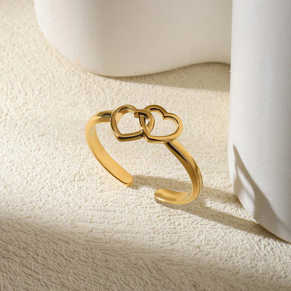 Gold Plated Interlocking Double Heart Adjustable Finger Ring