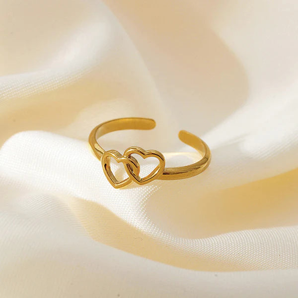 Gold Plated Interlocking Double Heart Adjustable Finger Ring