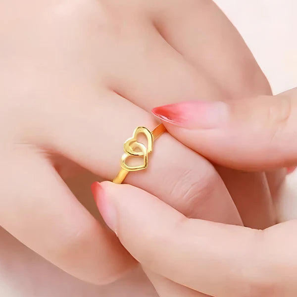 Gold Plated Interlocking Double Heart Adjustable Finger Ring