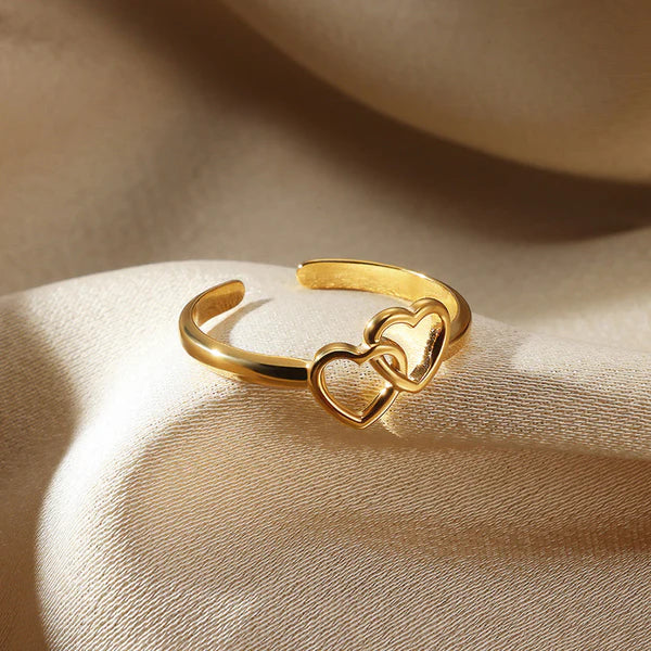Gold Plated Interlocking Double Heart Adjustable Finger Ring