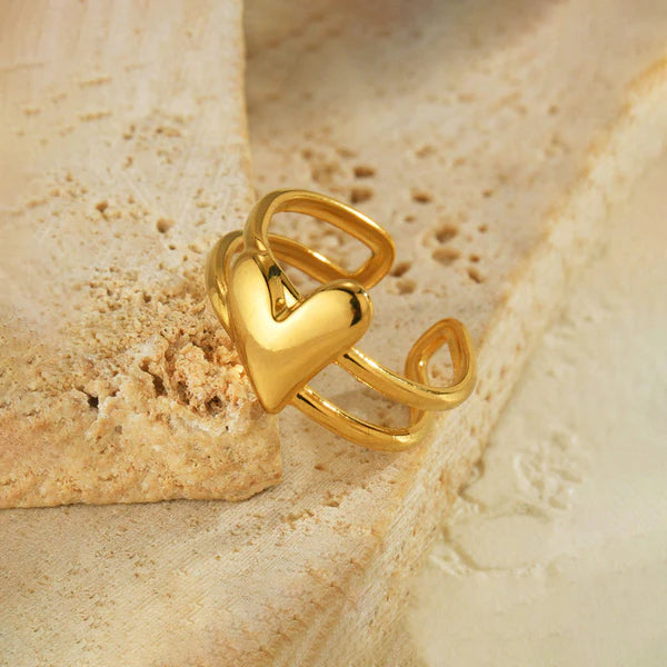 Gold Plated Anti Tarnish Adjustable Heart Finger Ring