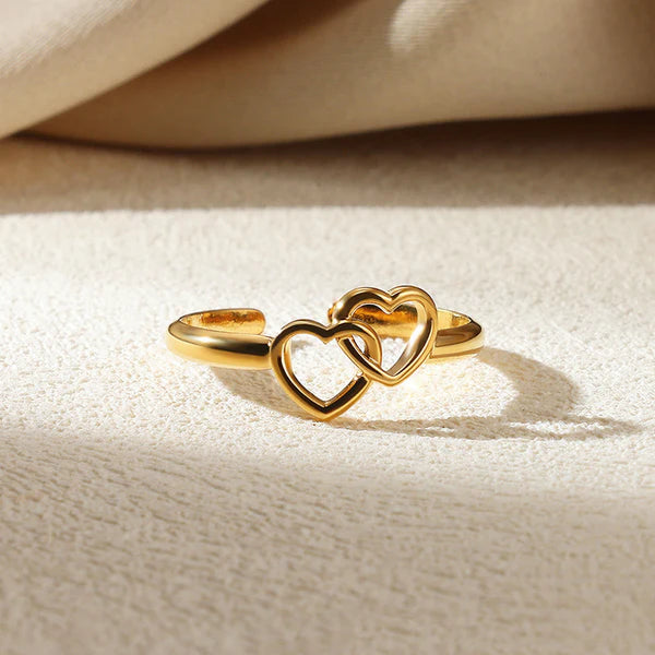 Gold Plated Interlocking Double Heart Adjustable Finger Ring