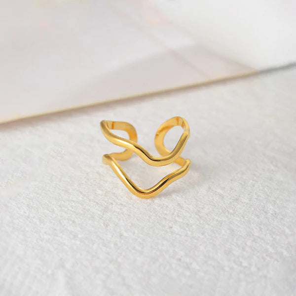 Gold Plated Abstract Wave Adjustable Anti Tarnish Finger Ring
