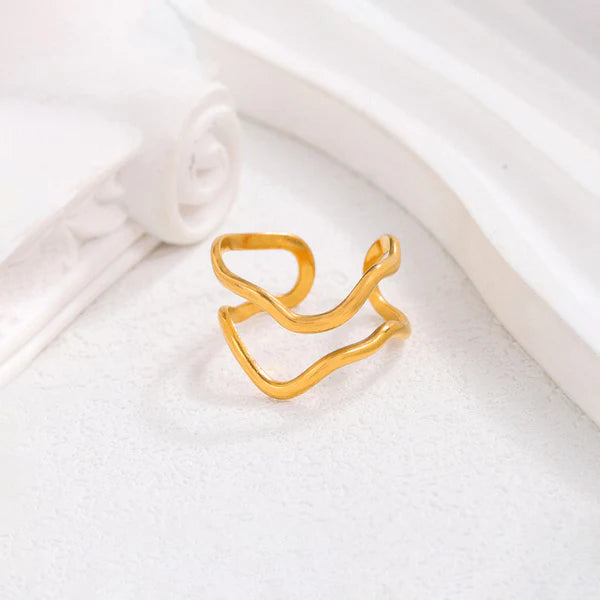 Gold Plated Abstract Wave Adjustable Anti Tarnish Finger Ring