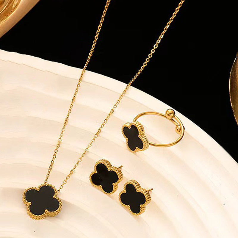 Anti Tarnish Black Clover Charm Jewelry Set – Necklace, Ring & Earrings